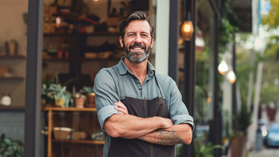 Unternehmer vor seinem Betrieb