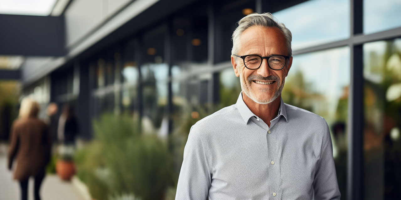 Unternehmer steht vor seiner Firma