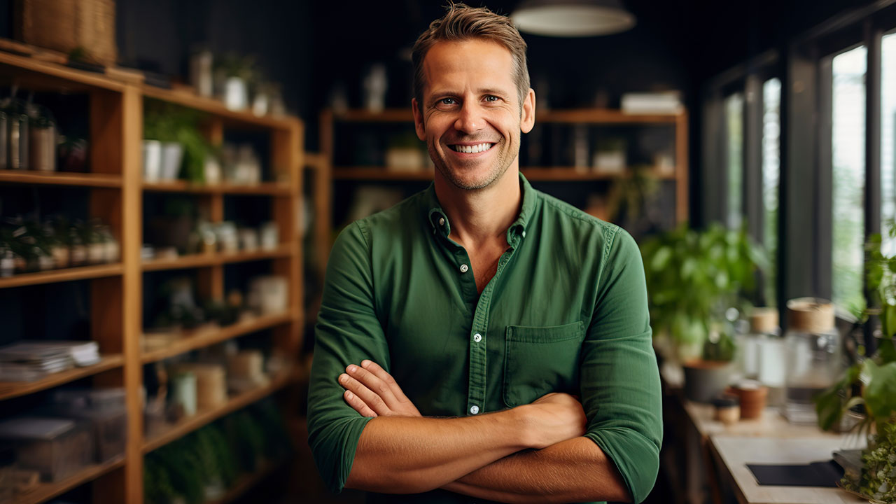 Firmeninhaber steht freudestrahlend in seiner Firma