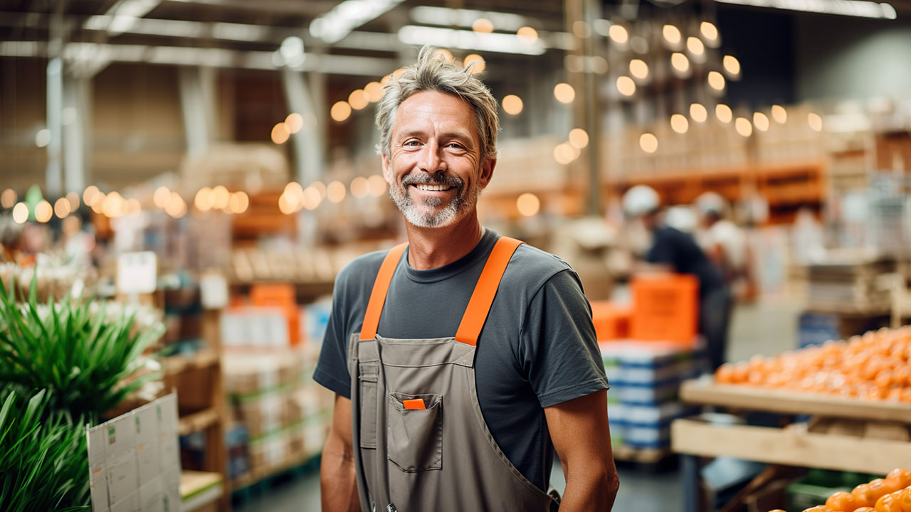 Bauunternehmer steht lächelnd im Baumarkt